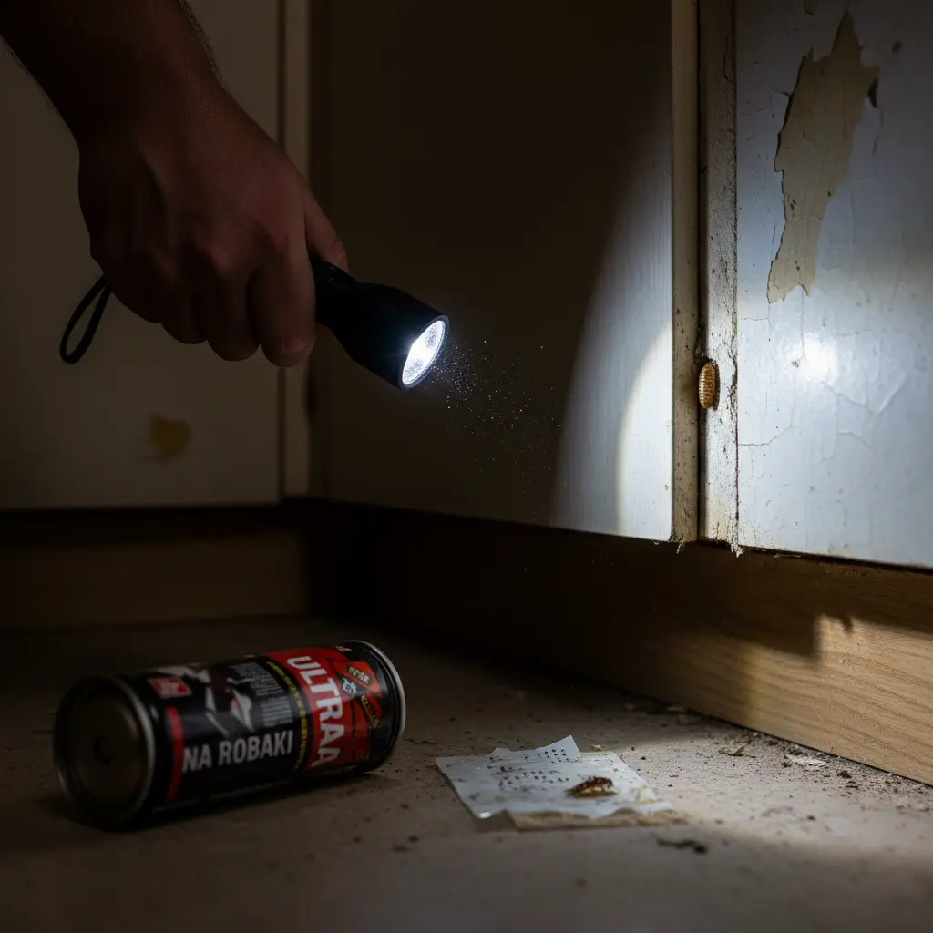 Ręka z latarką oświetla szczelinę za szafką kuchenną, ukazując kokon karalucha. Obok pusta puszka po sprayu na robaki.