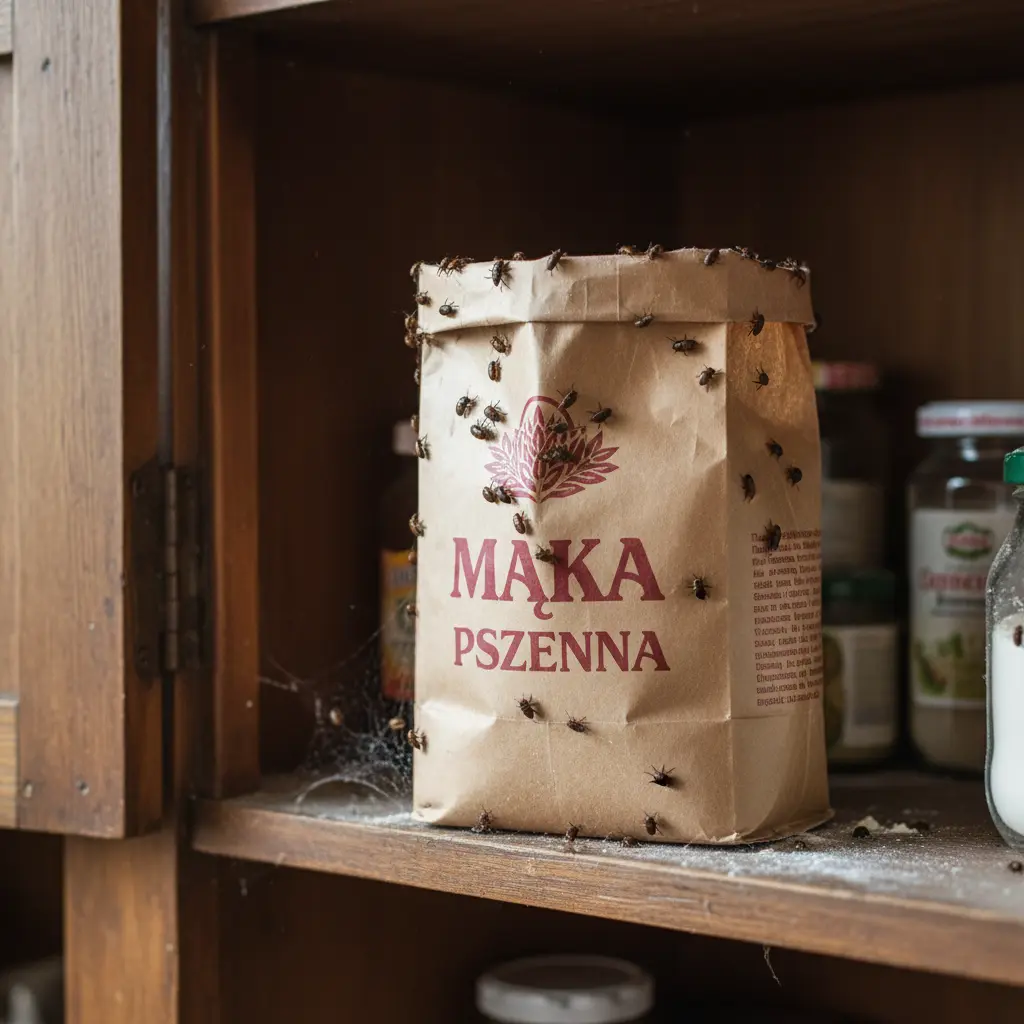 Otwarta torba mąki/kaszy na drewnianej półce w spiżarni. W środku i na zewnątrz pełno małych ciemnych żuczków, proszku i pajęczyn.