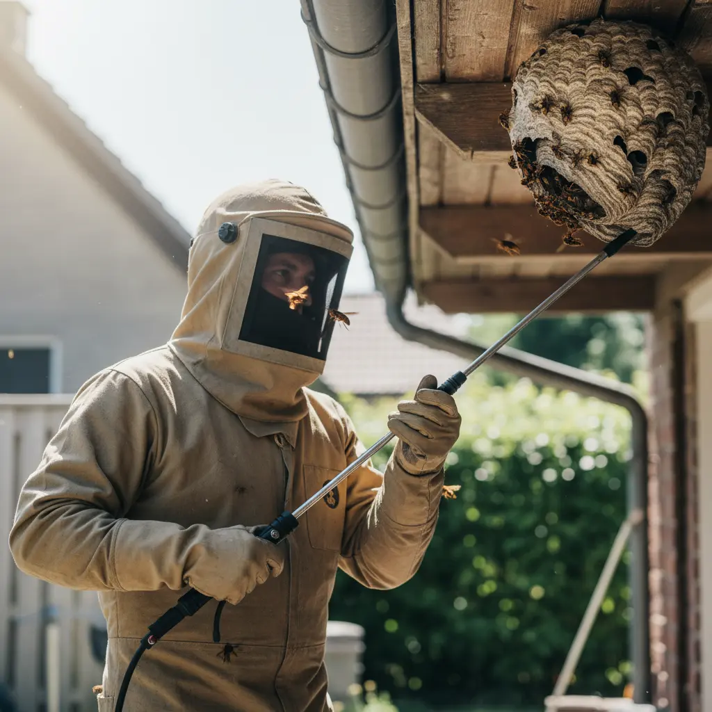 Dezinsektor w kombinezonie ochronnym z lancą, gotowy do walki z ogromnym gniazdem rojów szerszeni.