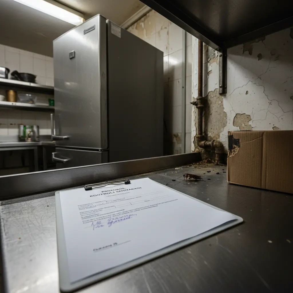 Zaniedbany magazyn HoReCa: protokół kontroli sanitarnej, odchody gryzoni, przegryziona tektura i prusak uciekający w szczelinę.