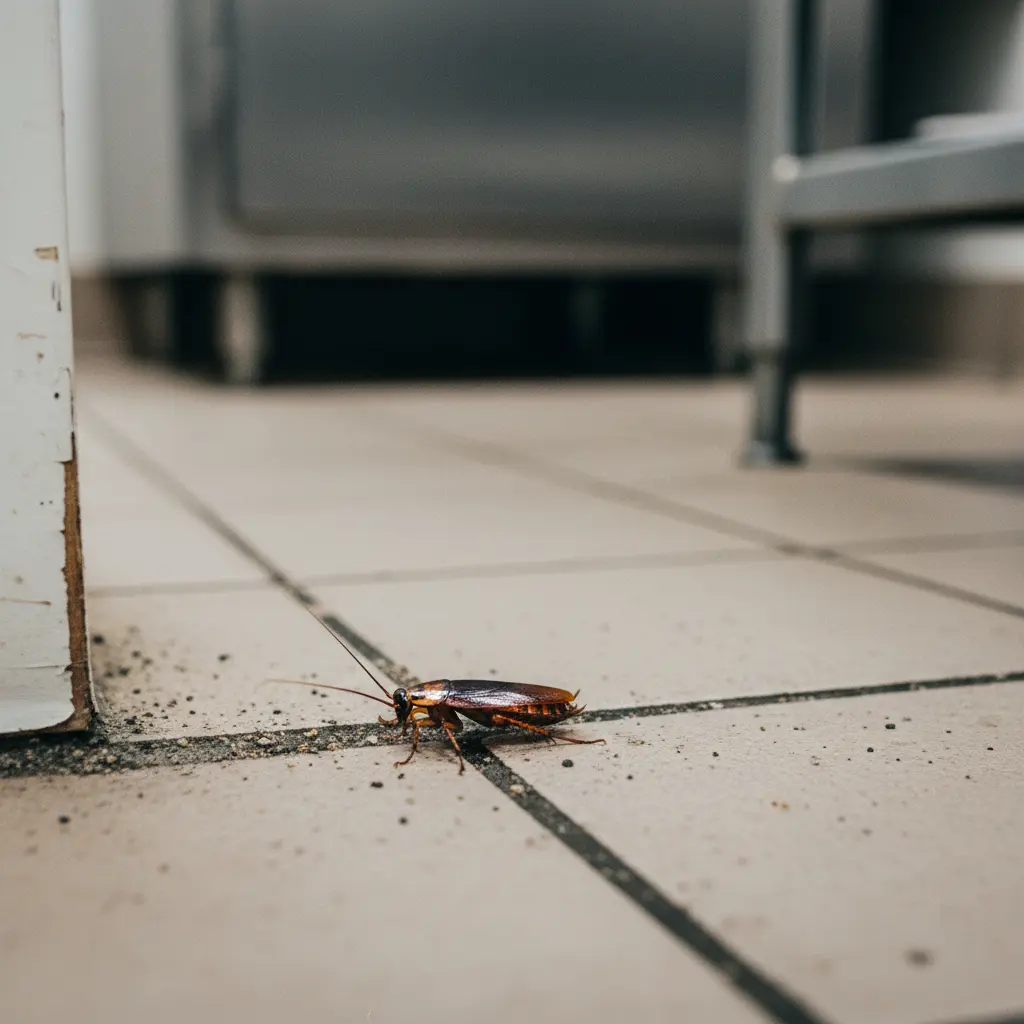 Brązowy prusak uciekający szybko po fudze płytek pod zużytą białą listwą przypodłogową w kuchni restauracji.