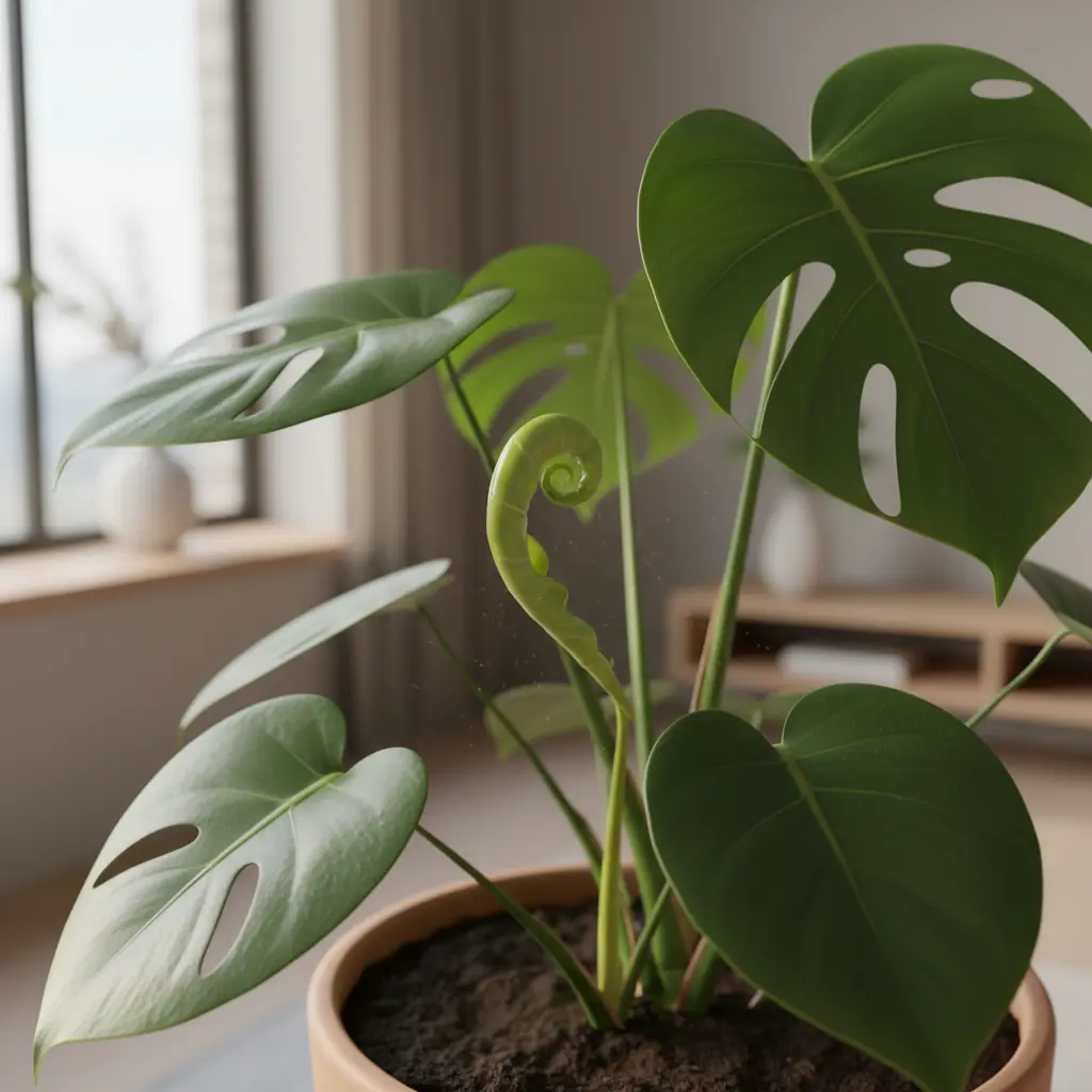 Monstera z nowym, jasnozielonym liściem na pierwszym planie, pokryta delikatną mgiełką. Zdrowe, czyste liście w nowoczesnym wnętrzu.