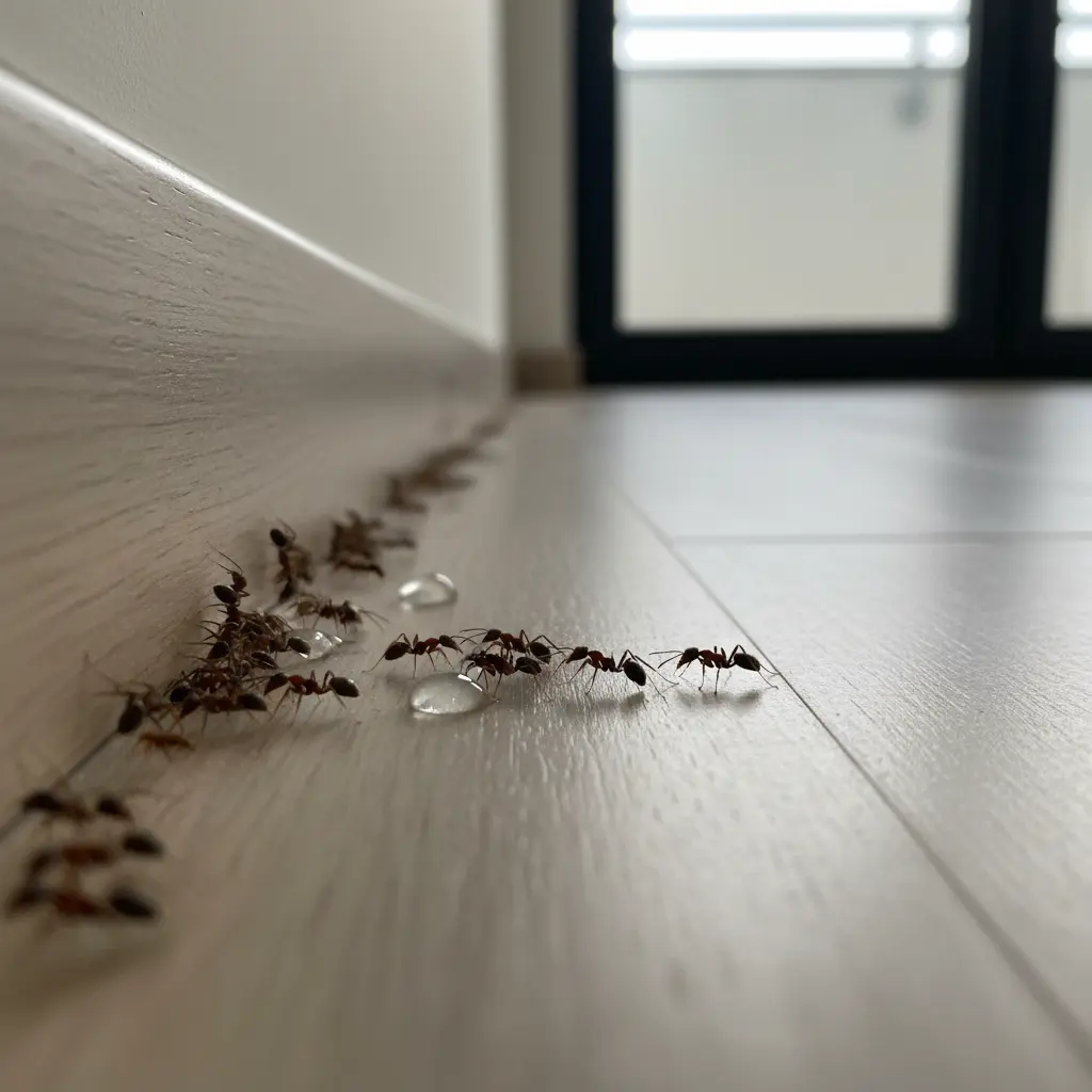 Ciemne mrówki maszerują po jasnej drewnianej listwie, oblegając i zabierając krople przezroczystego żelu-przynęty.