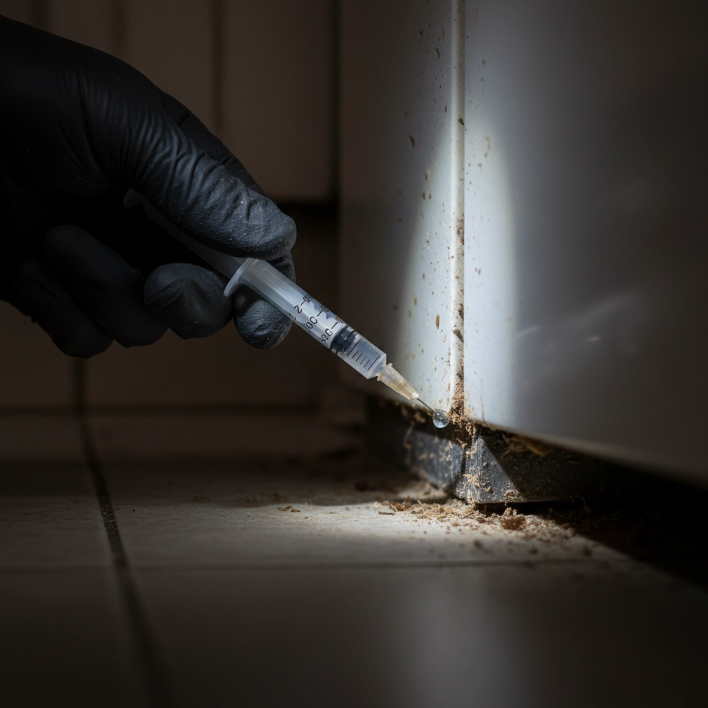 Ręka technika w ciemnej rękawiczce precyzyjnie aplikuje żel na insekty ze strzykawki w szczelinę za szafką. Widoczne ślady infestacji.