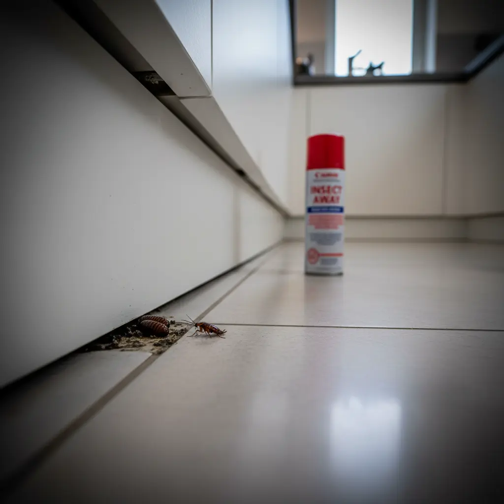 W szczelinie pod listwą przypodłogową w kuchni widać ukryte jaja i karalucha. Obok leży spray na insekty.