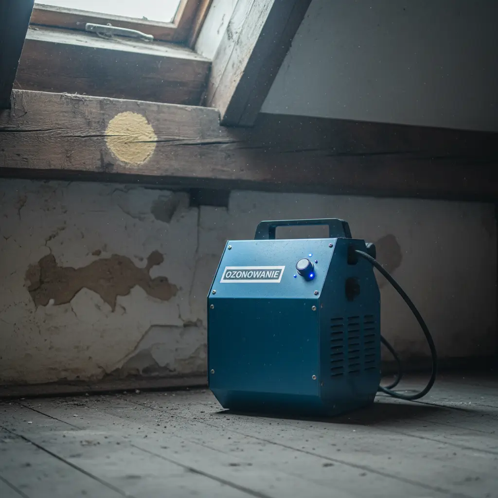 Profesjonalny generator ozonu pracuje w rogu strychu. Widoczne stare belki, odbarwiony tynk i uniesiony pył.