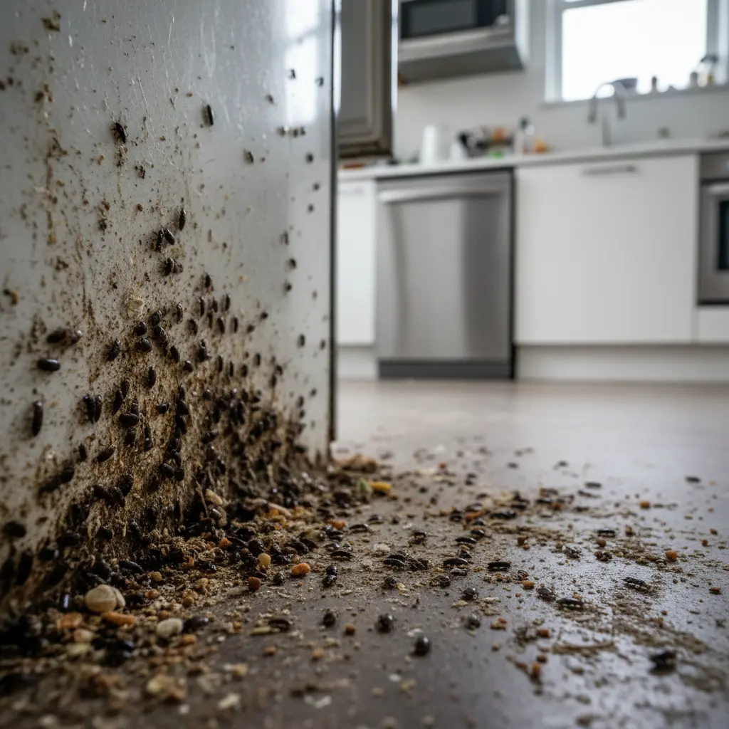 Za lodówką w kuchni roje karaluchów panicznie uciekają po warstwie brudu, kurzu i resztek jedzenia.