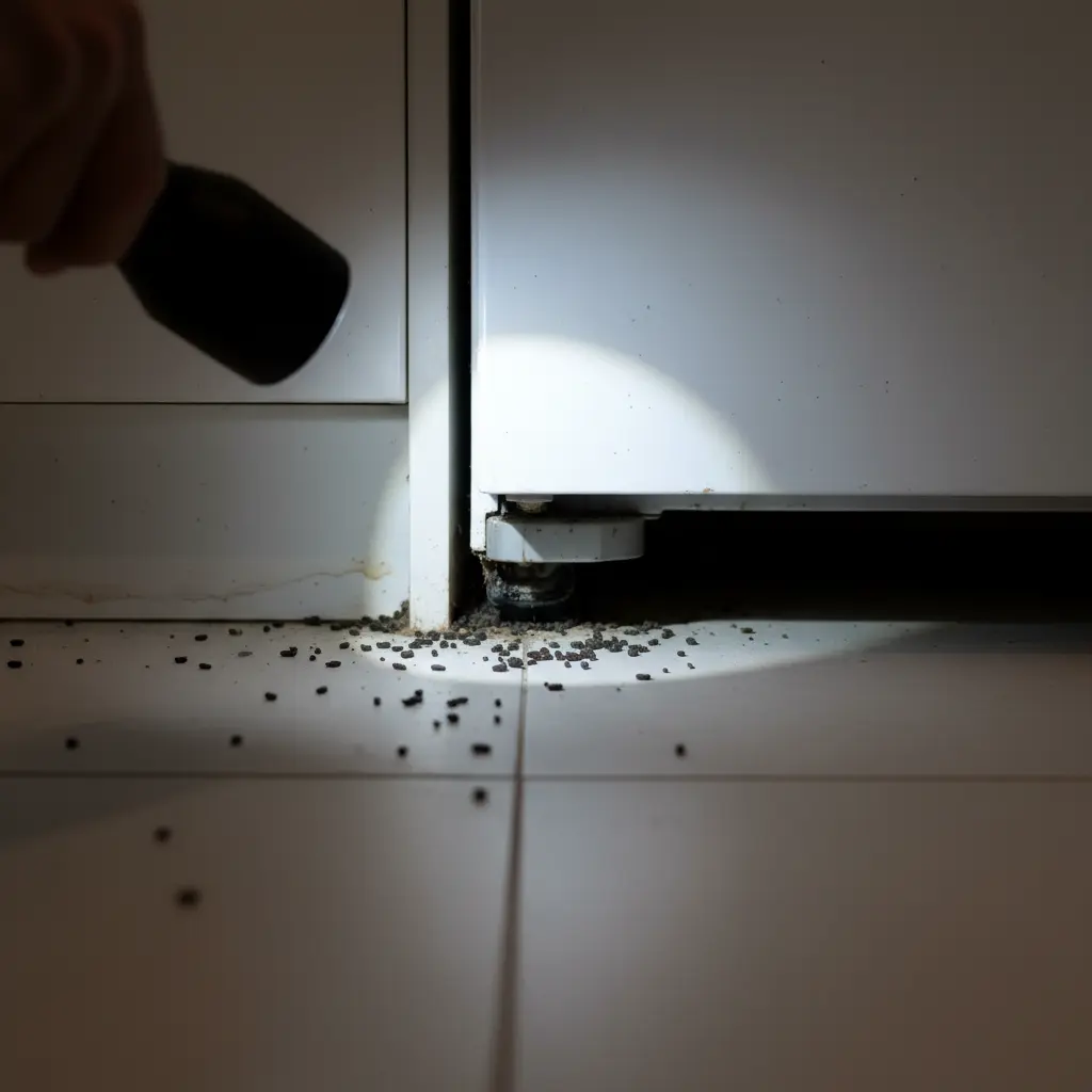 Duża ilość szczurzych odchodów i tłusta smuga na czystej, kafelkowej podłodze kuchennej przy listwie. Odkryta inwazja.