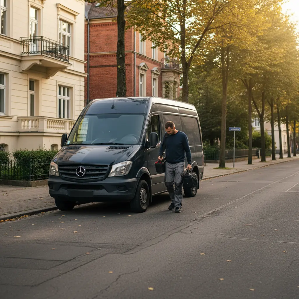 Szkodniki to problem, nie wstyd. Moje zwalczanie to dyskrecja i ulga! Ciemny van na cichej ulicy nadmorskiego polskiego miasta. Technik z narzędziami wysiada lub idzie do budynku.