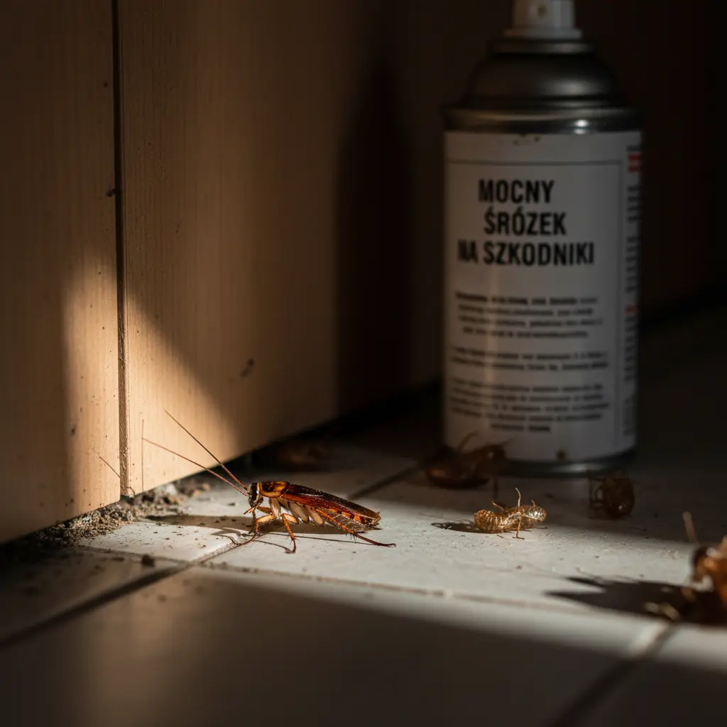 Duży, zdrowy karaluch z czułkami w ciemnym zakamarku. W tle spray na szkodniki i martwe pancerze.